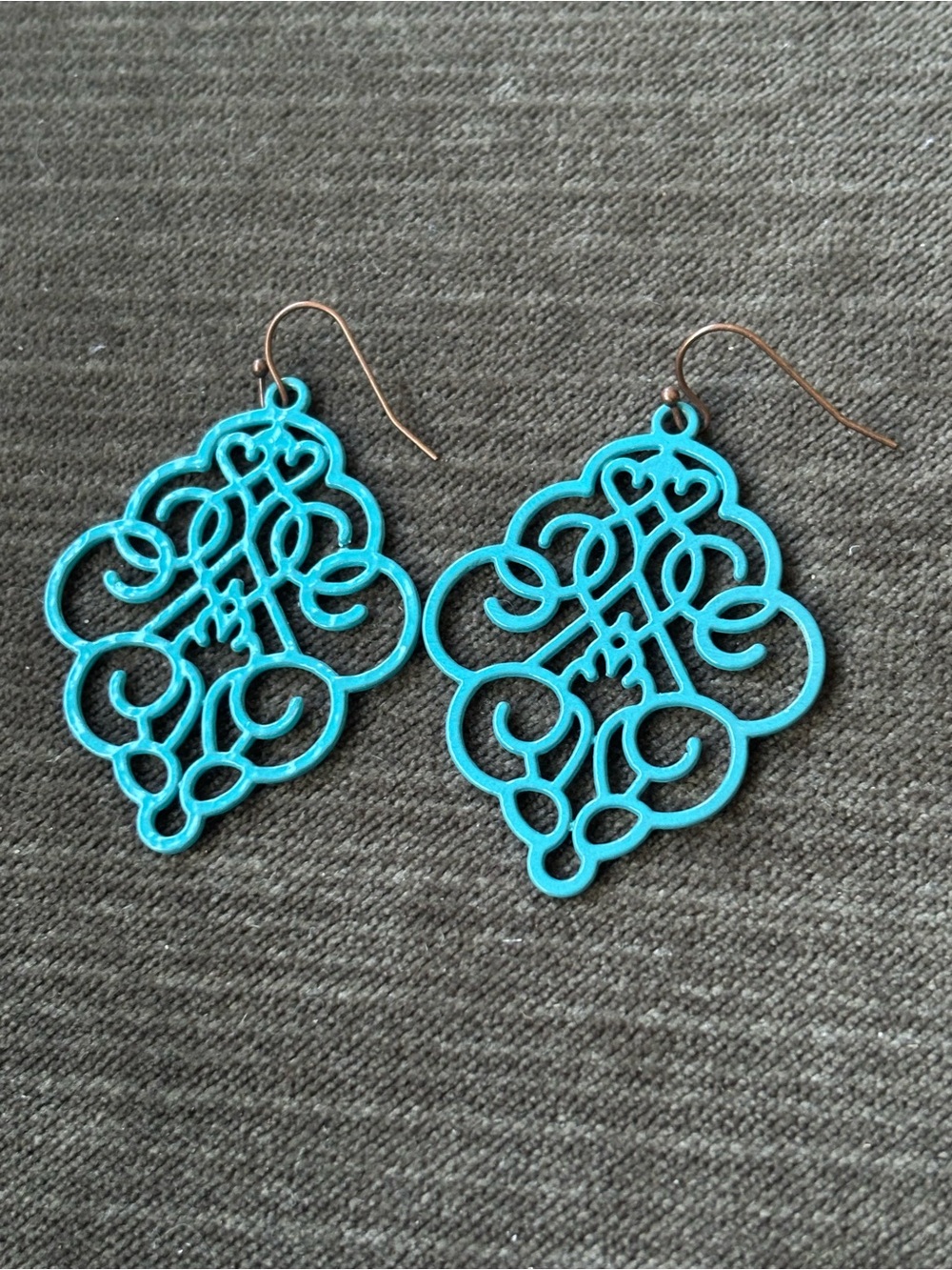 Teal/Turquoise Colored Copper Filigree Drop Earrings - Women's Fashion Jewelry